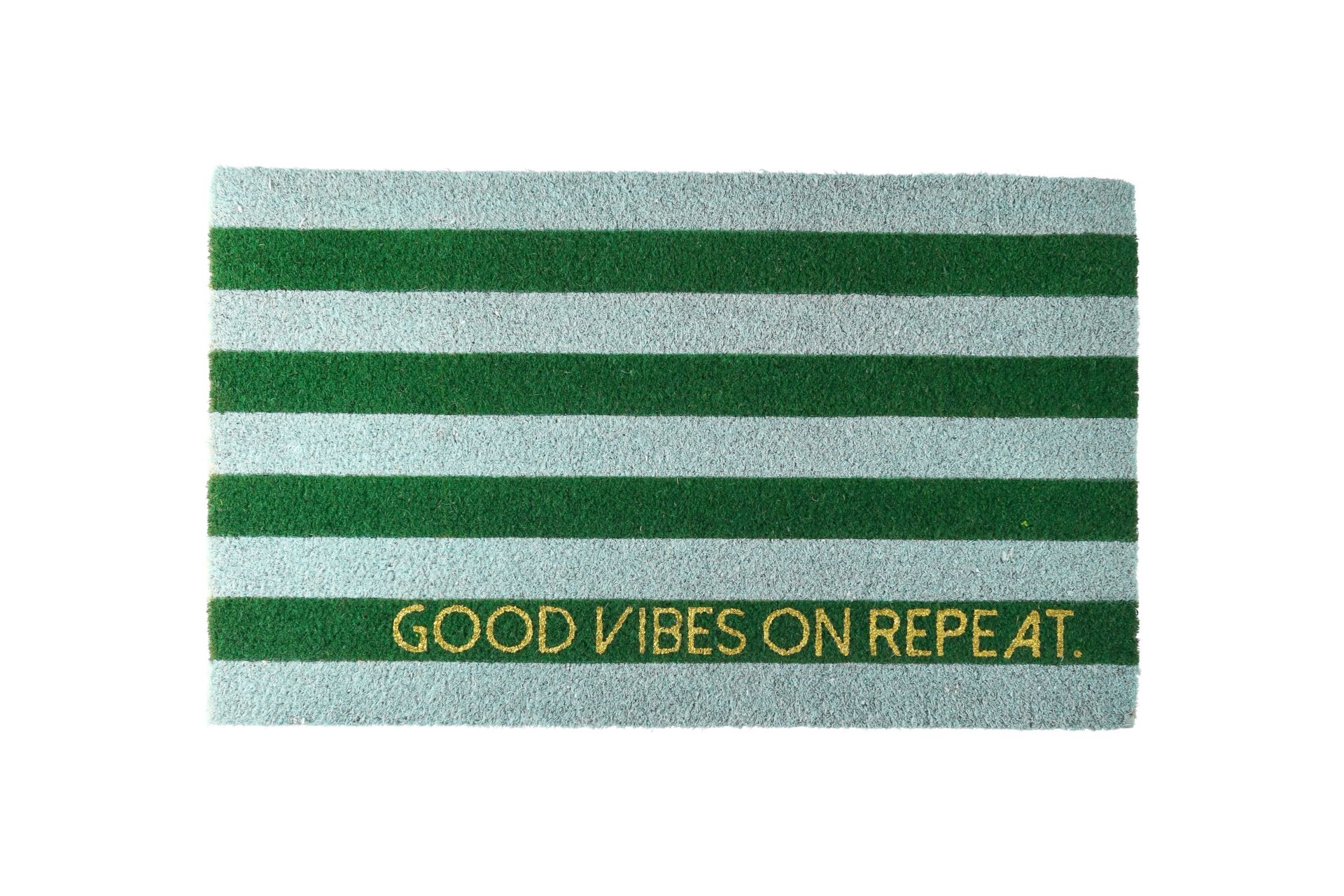 Πατάκι εισόδου 45x1,5x75cm, σχέδιο: Good vibes on repeat, ρίγες, μπλε/πράσινο