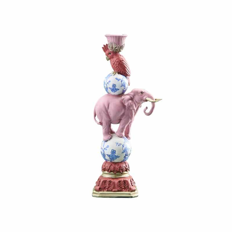 Candle holder bird on elephant, pink polyresin