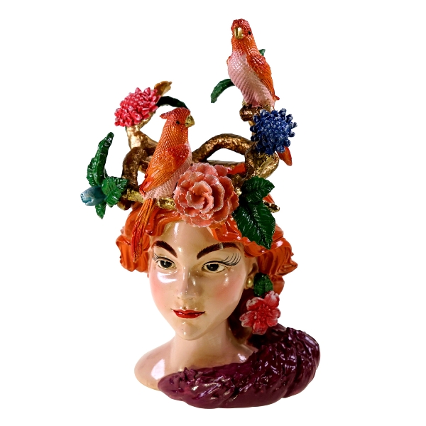 Βάζο woman's head w. parrots polyresin
