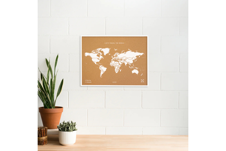 Παγκόσμιος Χάρτης Woody από Φελλό με λευκό κάδρο XL 90 x 60 cm - Λευκό